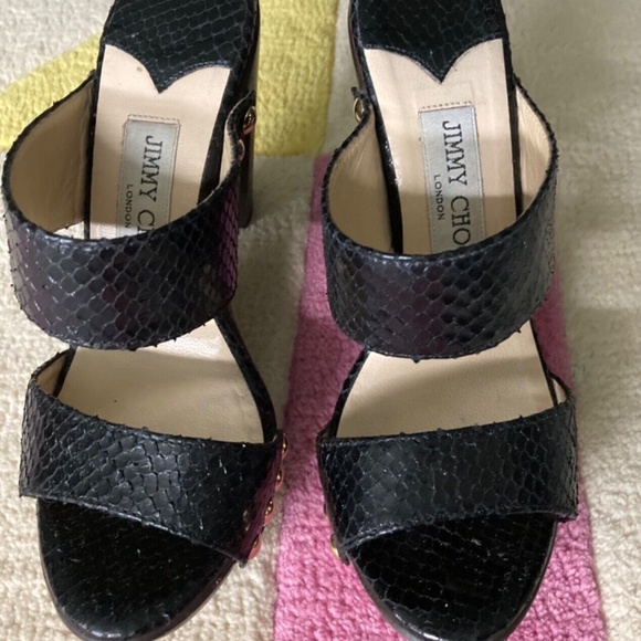 Jimmy Choo Ulrika Black Leather Snakeskin Wood Slide Sandals High Heel 6 36 - Picture 3 of 5